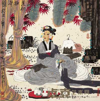 胡宁娜 癸未(2003年)作 蕉枫抚琴图 镜心 65.5×65.5cm